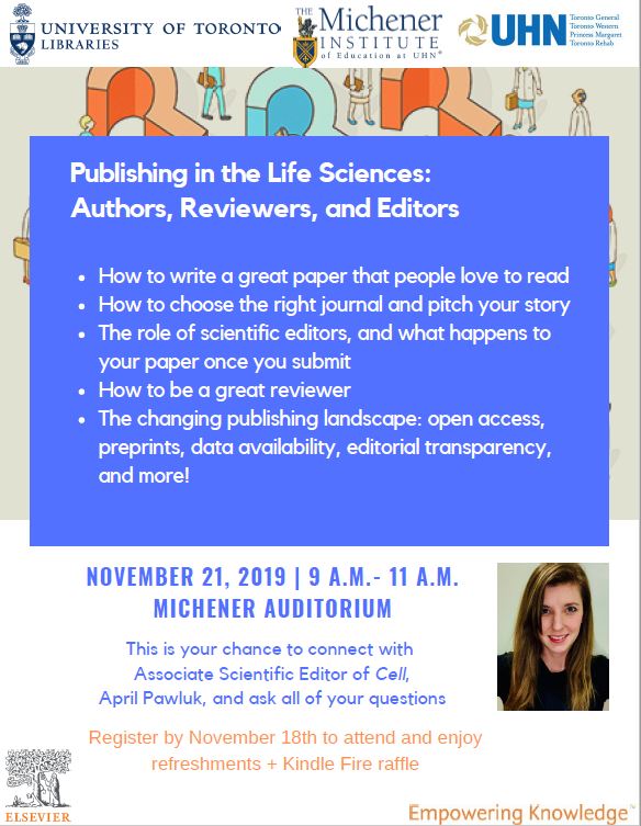 Poster titled Publishing in the Life Sciences: Authors, Reviewers and Editors with an image of guest speaker April Pawluk