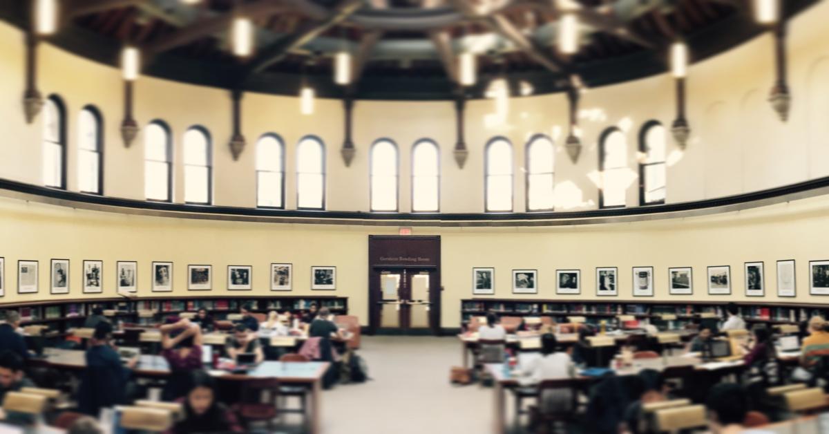 exhibit photographs hanging in the reading room