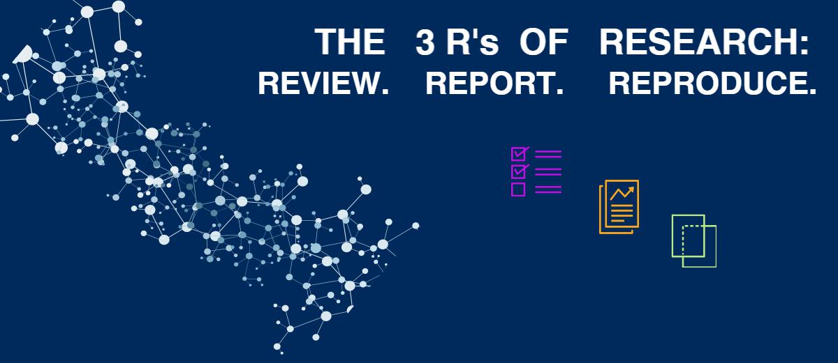 Web of nodes and lines, a checklist, a document and a duplicated document representing the three Rs of Research