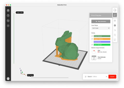A screenshot of the print preview provided by the MakerBot Print software
