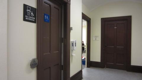 Door of accessible and all-gender washroom on main floor