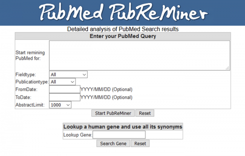 "screenshot of PubMed PubReMiner home page with search fields"