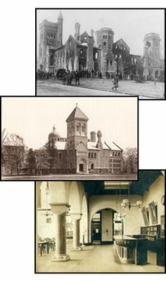 collage of historical interior and exterior shots of library