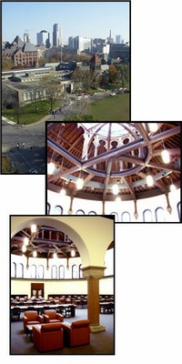 collage of contemporary interior and exterior shots of library